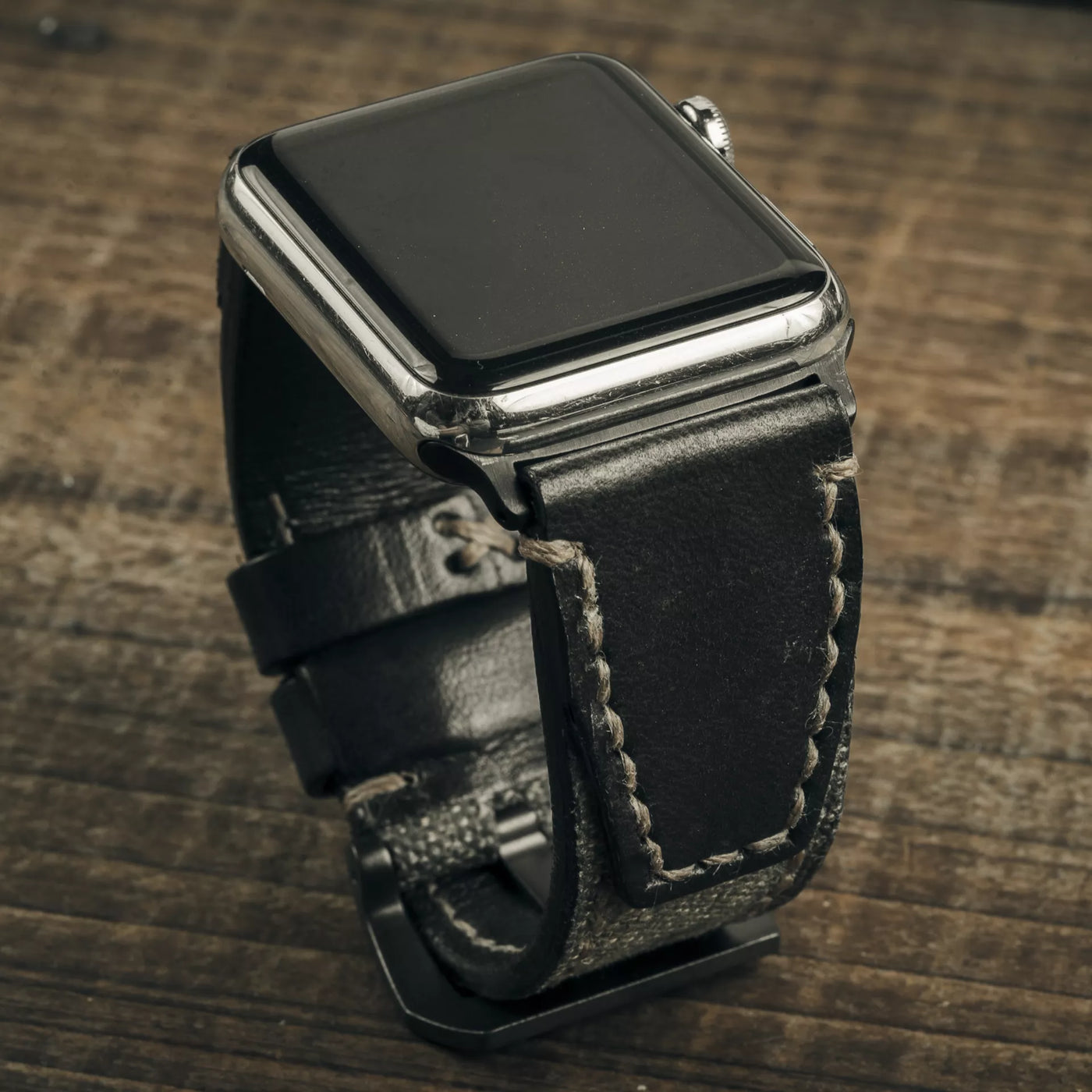 "Salt & Pepper" Swiss Army Rucksack Handmade Strap, Black Leather (for Apple Watch)