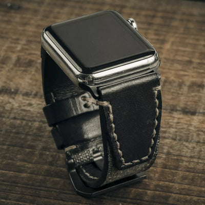 "Salt & Pepper" Swiss Army Rucksack Handmade Strap, Black Leather (for Apple Watch)