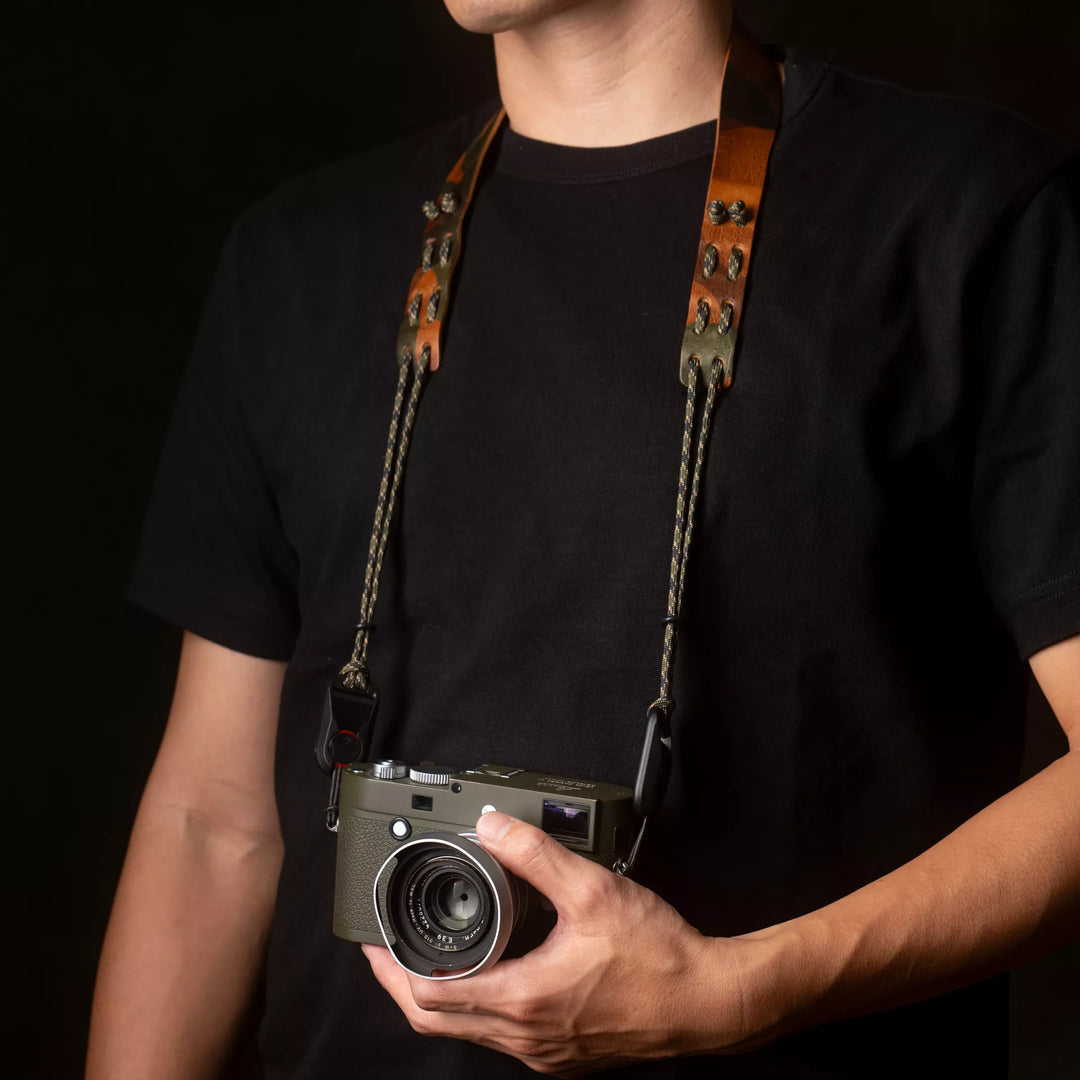 Parachord X Leather Camera Neck Strap / 010 Woodland Camo Wotancraft