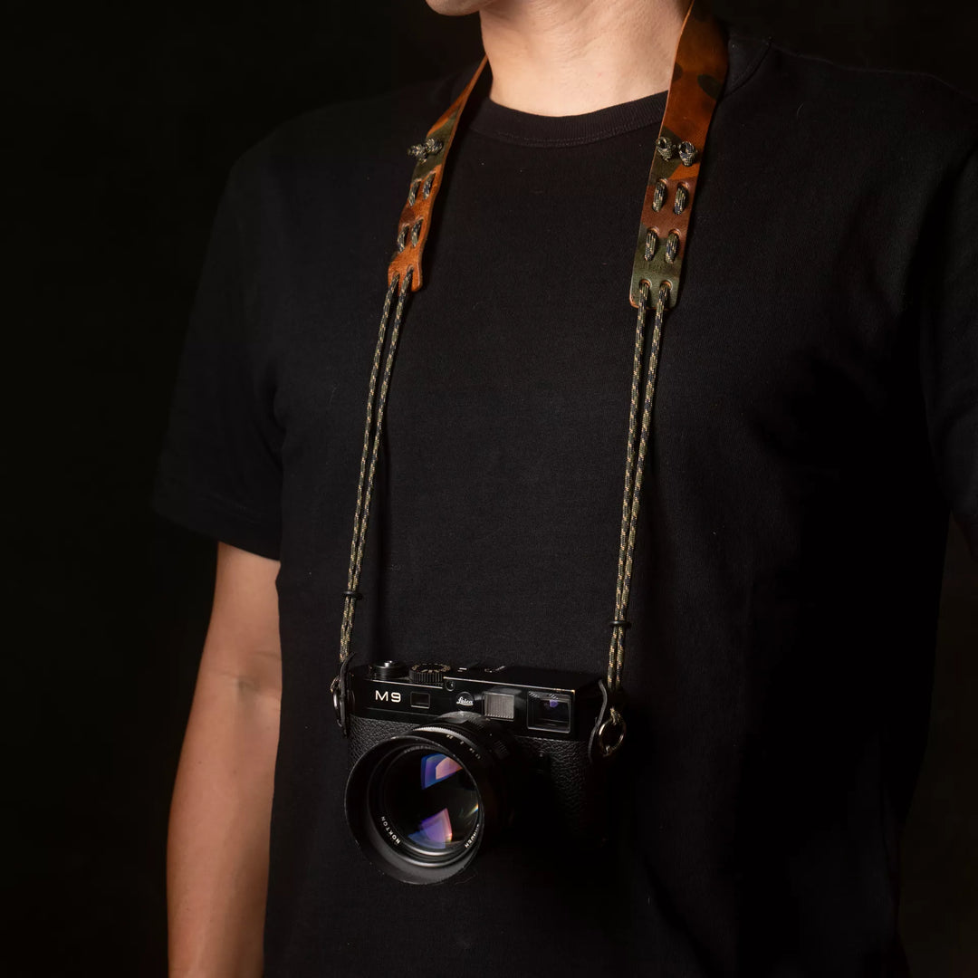 Parachord X Leather Camera Neck Strap / 010 Woodland Camo Wotancraft
